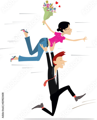 Love couple rendezvous. Hearts symbol. Love couple. Happy running young man carries his woman on the hands above the head. Isolated on white background