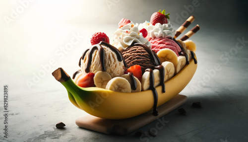 banana split with scoops of ice cream, chocolate sauce and berries fruits