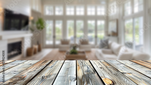 Empty table top with a coastal living room in soft focus behind  providing a pristine setting for advertising and product displays.