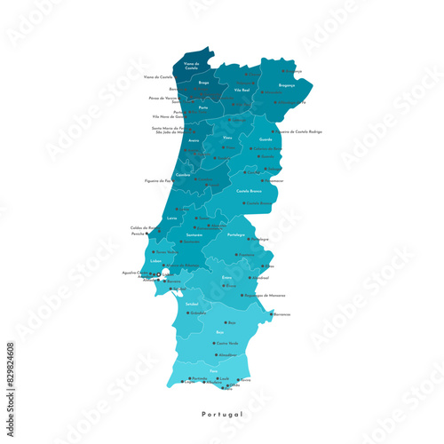 Vector modern isolated illustration. Simplified administrative map of Portugal. Names of capital, cities and districts. Blue gradient colors