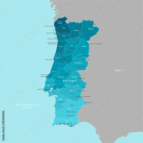 Vector modern illustration. Simplified administrative map of Portugal. Border with nearest state Spain. Blue background of seas. Names of cities and Districts photo