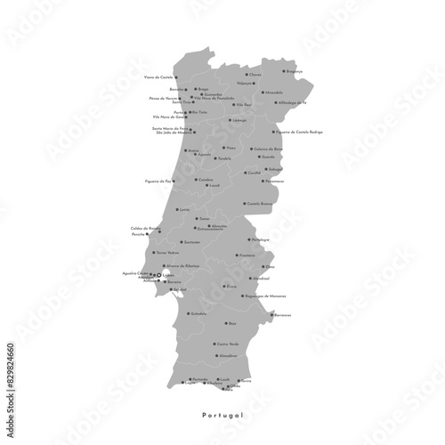 Vector modern isolated illustration. Simplified administrative map of Portugal. Names of capital Lisbon, cities and districts. Grey color