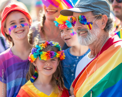 A touching scene of a multi-generational family  from grandparents to grandchildren  all wearing rainbow-colored outfits at a Pride parade.