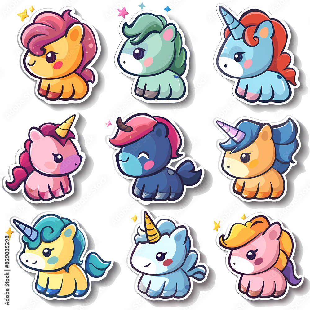Obraz premium a Set Cute unicon on a White Canvas Sticker,vector image