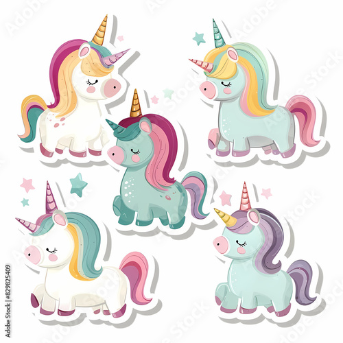 a Set Cute unicon on a White Canvas Sticker,vector image