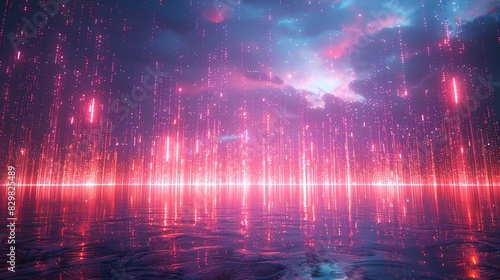 Abstract neon light beams reflecting on water surface with starry sky background.