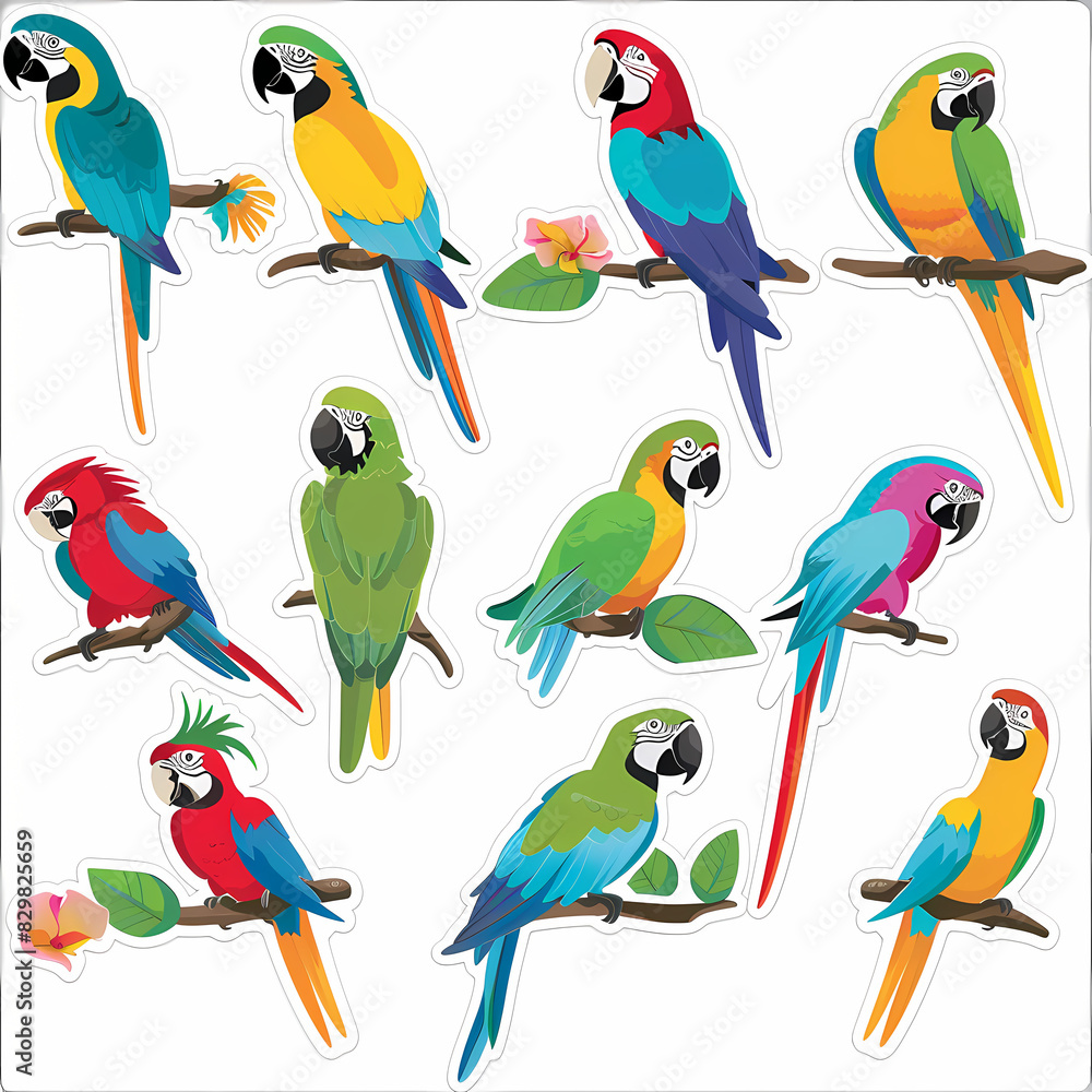 Naklejka premium a Set Cute parrot on a White Canvas Sticker,vector image