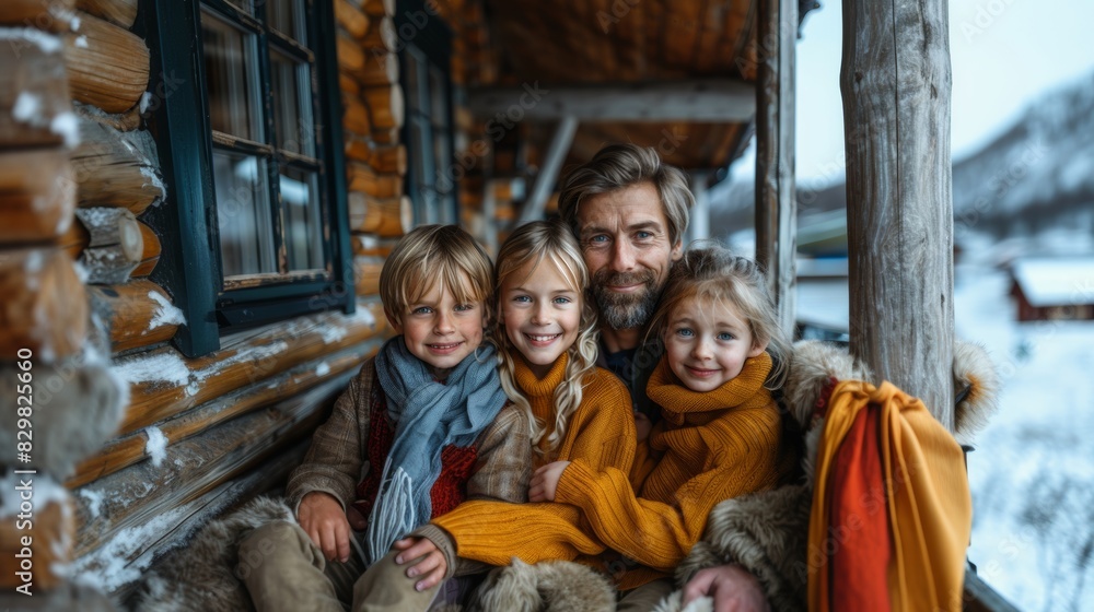 Happy family with two children enjoying time together in front of a wooden cabin in a snowy landscape