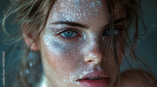 Intense blue-eyed woman with sparkling makeup creating a fantasy look in a close-up photo photo
