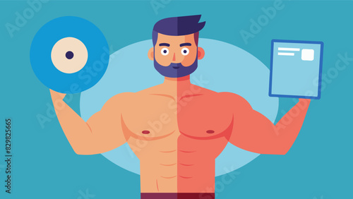 A workout DVD cover features a man with washboard abs and bulging arm muscles enticing buyers with the promise of achieving the same results.. Vector illustration