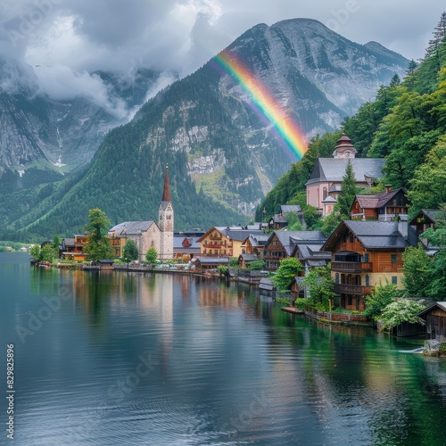 An idyllic view of Hallstatt village in Austria featuring a vibrant rainbow over the lake with mountains © AS Photo Family