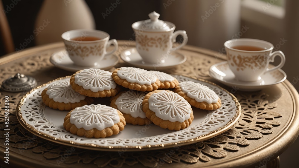 Elegant tea time setup with beautifully iced cookies and intricate tea cups, creating a warm and inviting atmosphere perfect for an afternoon break. Elegant tea time setup with beautifully iced cookies and intricate tea cups, creating a warm and inviting atmosphere perfect for an afternoon break.