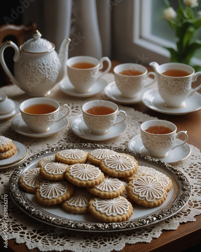 Elegant afternoon tea setup with ornate cups, teapot, and a platter of intricately decorated cookies on a table with lace doilies near a window.