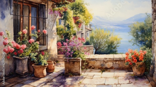 Fototapeta Naklejka Na Ścianę i Meble -  Italian window and balcony facade with flowers front view watercolor painting