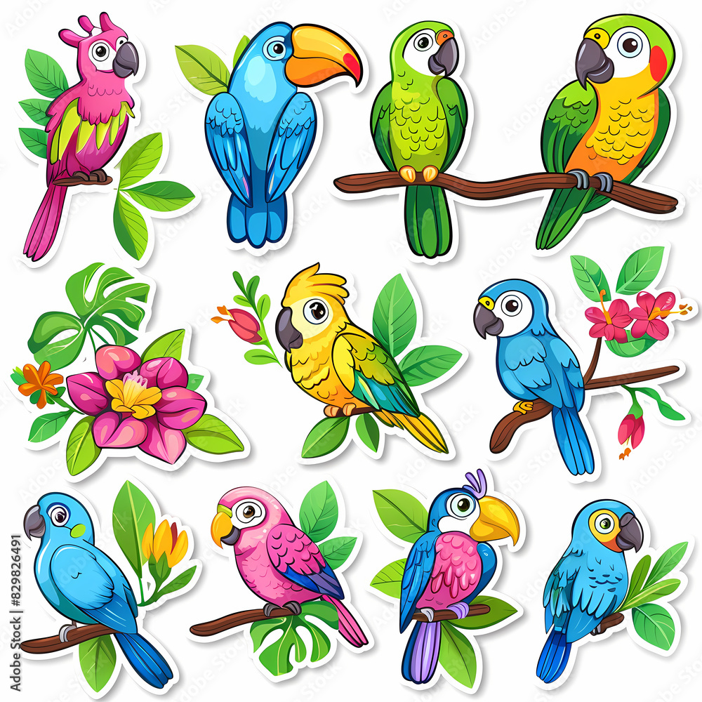 Obraz premium a Set Cute parrot on a White Canvas Sticker,vector image