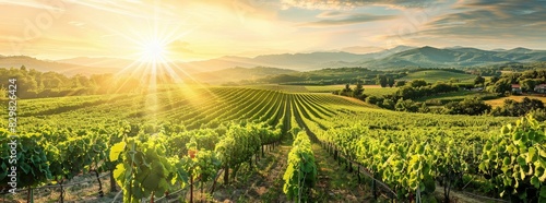 A panoramic view of a sun-drenched vineyard with rows of grapevines stretching generated by AI #829826424
