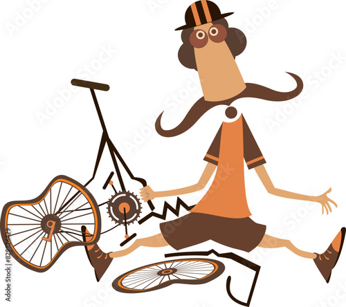 Cyclist man falling down from the bicycle. 
Cartoon long mustache cyclist man in helmet sitting near a broken bicycle. Isolated on white background
