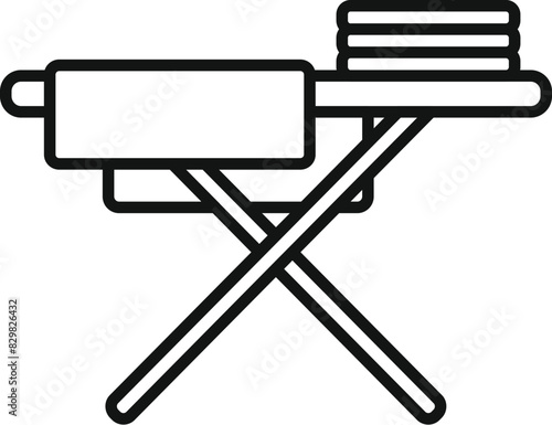 Minimalist vector illustration of an ironing board outline icon in monochrome design, isolated on a white background. Perfect for household chore, domestic graphic symbol, and laundry equipment