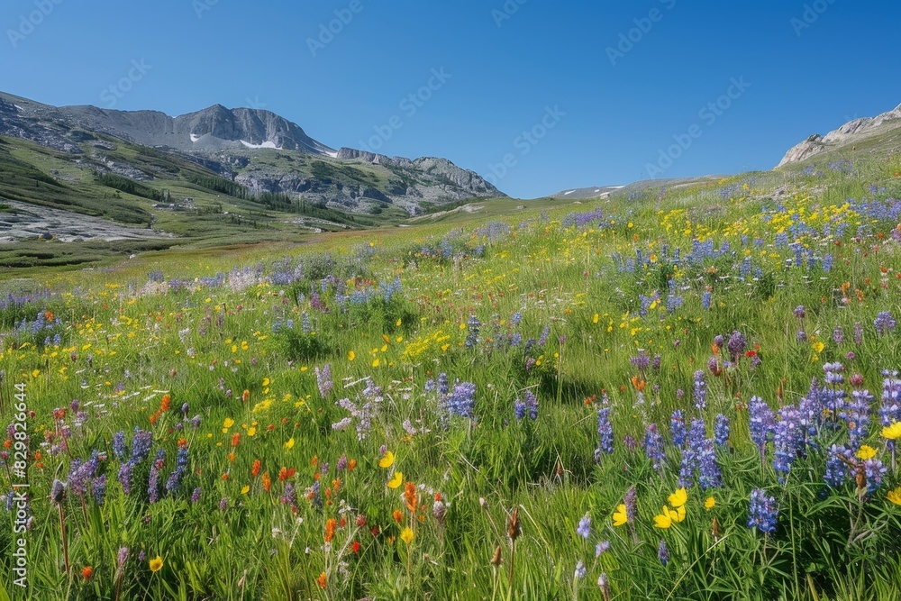 Obraz premium A peaceful alpine meadow dotted with colorful wildflowers generated by AI