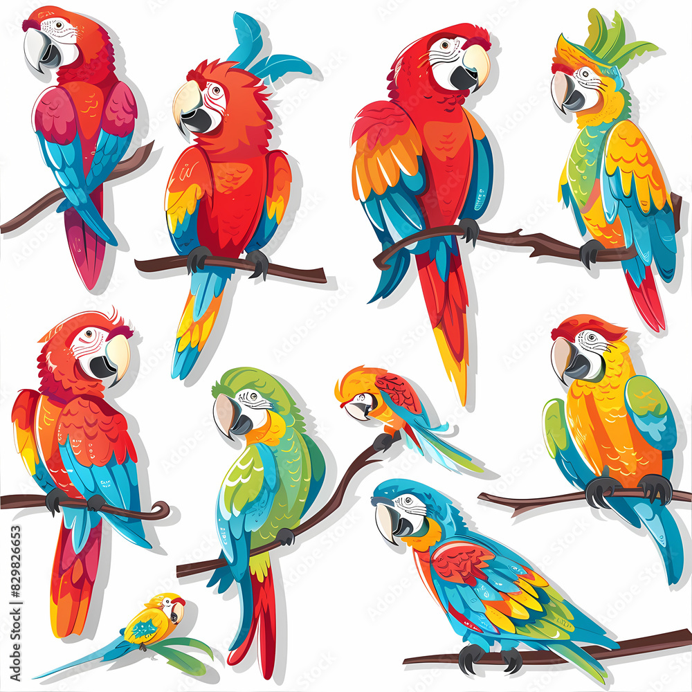 Naklejka premium a Set Cute parrot on a White Canvas Sticker,vector image