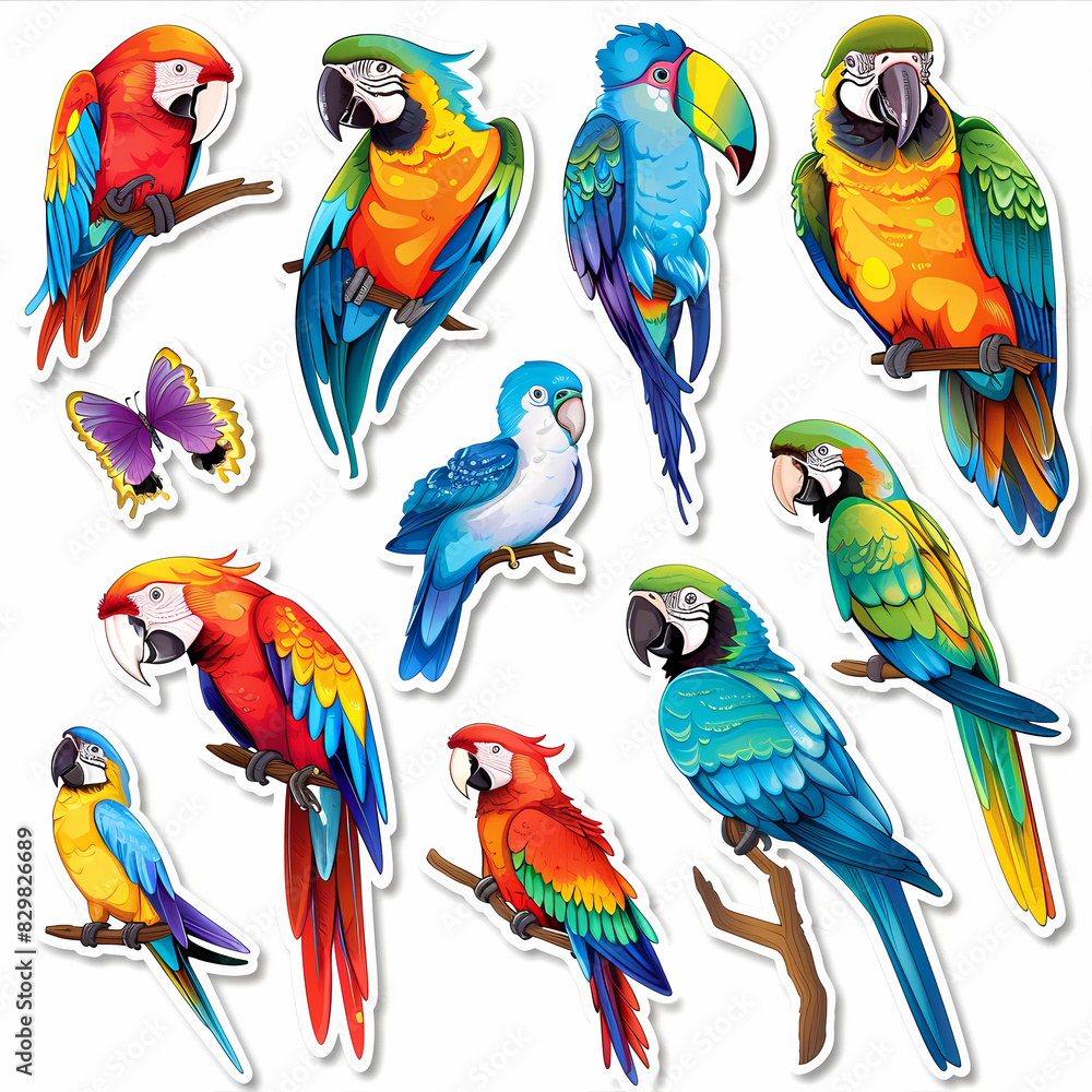 Obraz premium a Set Cute parrot on a White Canvas Sticker,vector image
