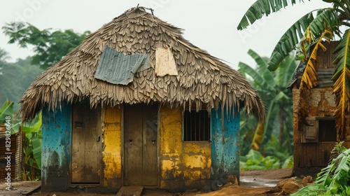 Rustic house with yellow and blue walls and a thatched roof surrounded by tropical vegetation