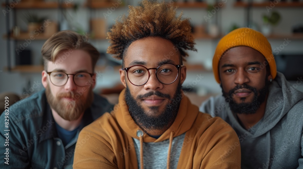 Three smiling male friends of different ethnicities pose for a selfie together with a cozy home interior Three smiling male friends of different ethnicities pose for a selfie together with a cozy home interior