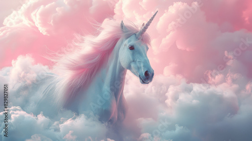 A unicorn is flying through the sky with pink clouds. The unicorn is white and has a pink mane