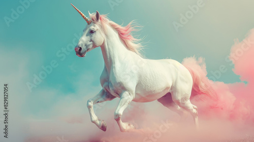 A unicorn is running through a pink cloud