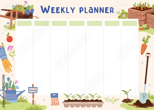 Summer and spring garden weekly planner. Crop planning, to-do list for day. Agriculture vector.