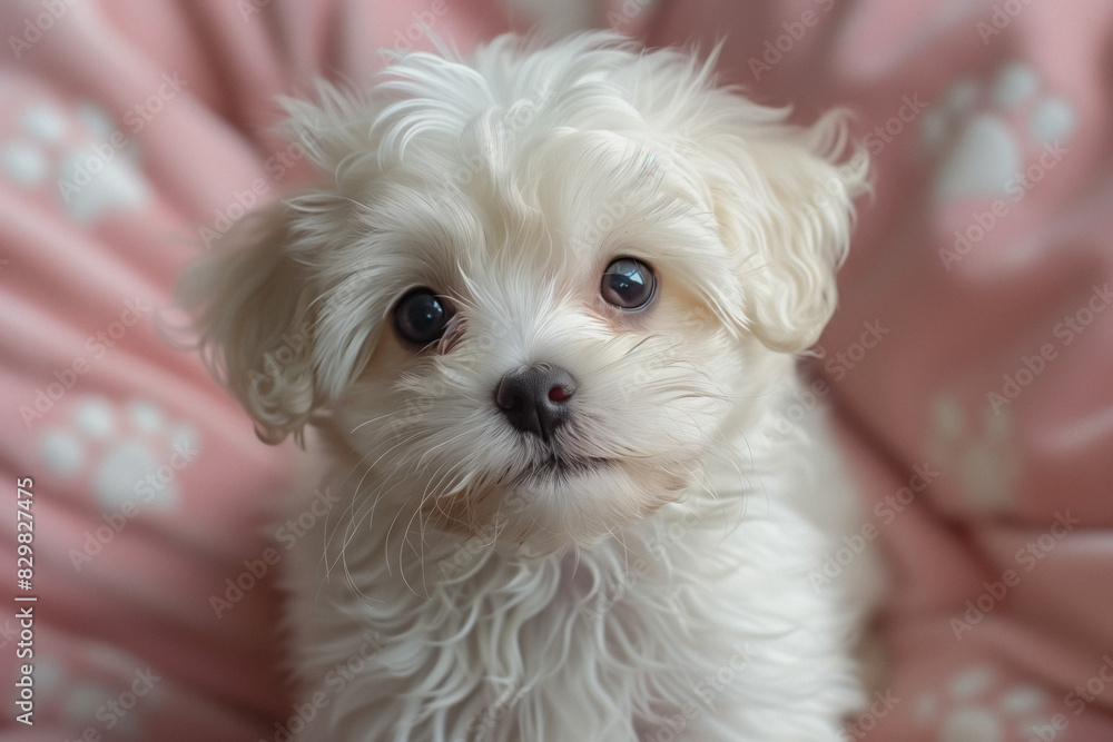 Adorable White Puppy on Pink Blanket. Cute white puppy with big eyes sitting on a pink blanket with paw prints. Adorable White Puppy on Pink Blanket. Cute white puppy with big eyes sitting on a pink blanket with paw prints.