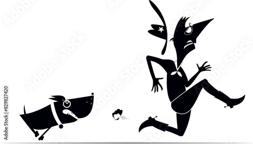 Farmer or cowboy and angry dog. 
Frightened farmer or cowboy running away from the mad dog. Black and white illustration
