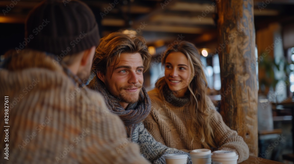 An affectionate couple holding a warm conversation over coffee, surrounded by a rustic café ambiance