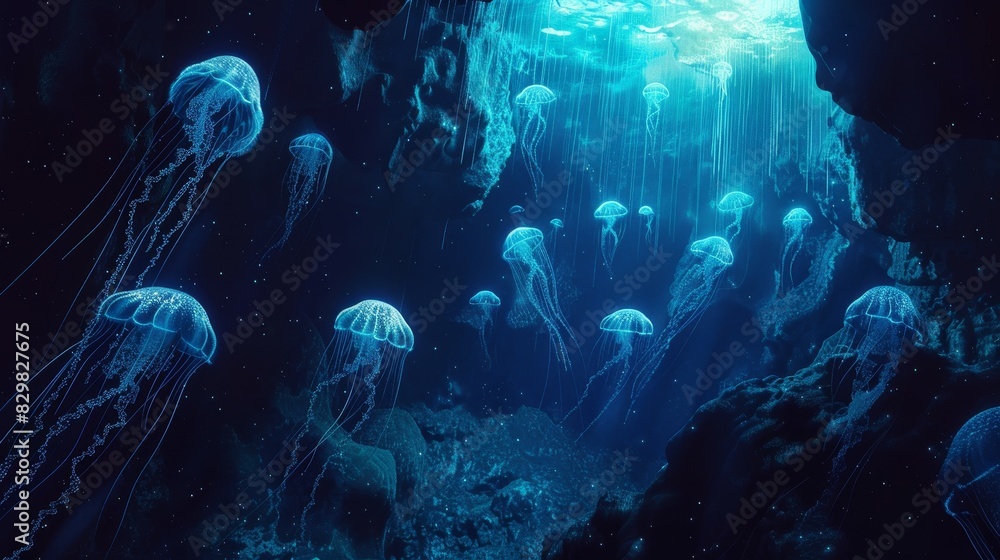 Fototapeta premium A surreal scene of glowing jellyfish drifting through a phosphorescent underwater generated by AI