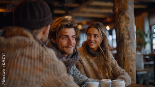 An affectionate couple holding a warm conversation over coffee, surrounded by a rustic café ambiance