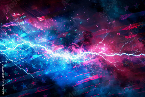 Ruby and cyan bolts in an explosive design with a flag-inspired background.