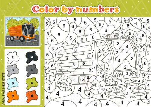 Car themed coloring page by number for kids with mini street sweeper car, printable educational worksheet in cartoon style