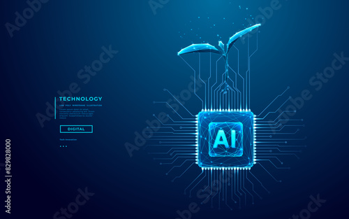 Sprouting Plant and AI chip in blue. Artificial Intelligence evolution concept. Abstract digital technology background. Data digital tree and circuit board. Low poly wireframe Vector illustration.  (ID: 829828000)