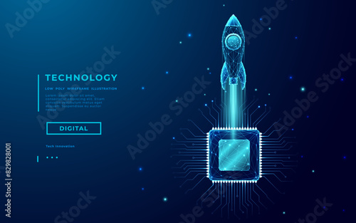 Abstract digital rocket, light CPU processor on technology blue background. Semiconductor or microchip and launch spaceship. Technology innovation in electronics. Wireframe Tech bg vector illustration