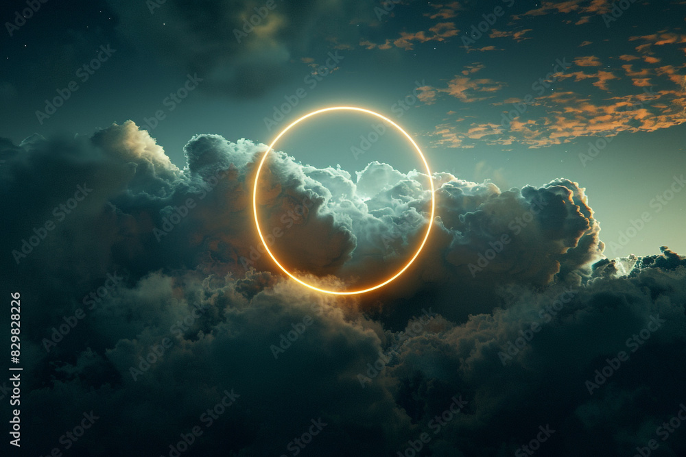 Obraz premium Dark night sky framed by a warm grey neon ring, highlighting an abstract cloud.