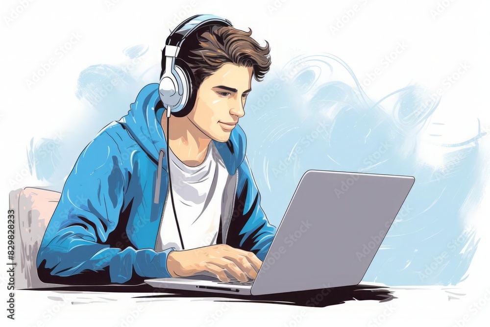 a student attending an online class on a laptop, colored in blue and white, on a clean white background Include a secondary element of a headset The image should convey digital learning, with space le a student attending an online class on a laptop, colored in blue and white, on a clean white background Include a secondary element of a headset The image should convey digital learning, with space le