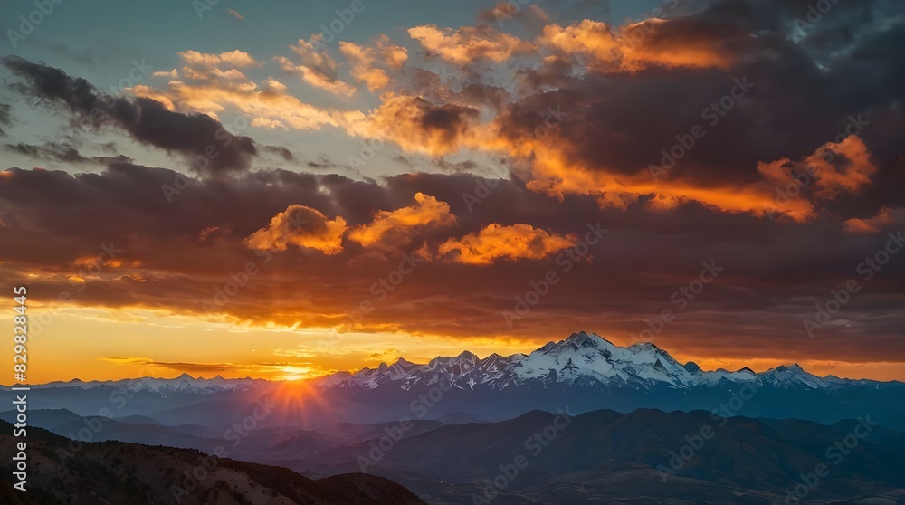 Amazing bright sunset over rocky cloudy mountains
