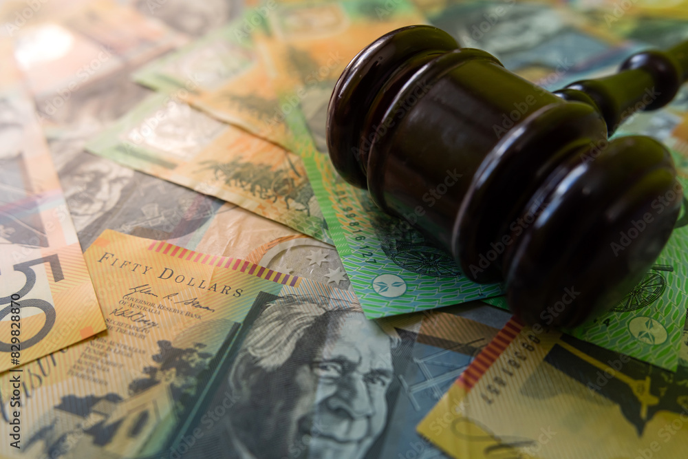 judge gavel and australian money aud Aussie currency