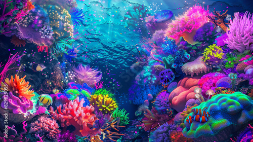 Vibrant Underwater Scene with Neon Sea Creatures and Glowing Coral Reefs