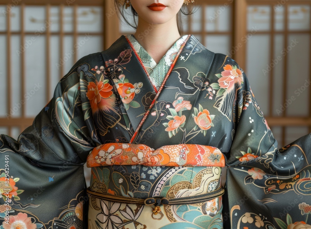 A woman wearing a kimono with a floral pattern A woman wearing a kimono with a floral pattern