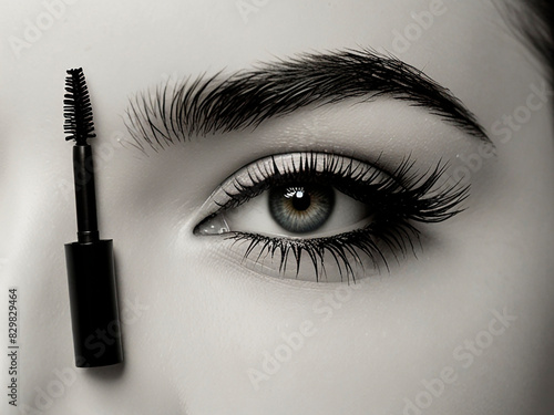 Tiny Mascara on the background of woman's face. Beautiful eye and brow with make up.
