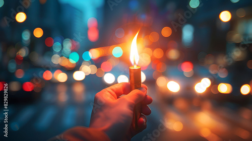 a hand holding a burning candle fragrance Zen light flamed candle traffic on a blurred background photo