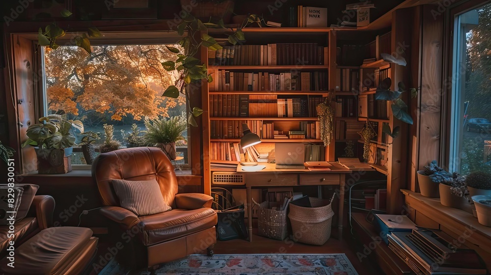 Cozy home library with leather chair, bookshelves, wooden desk, and warm lighting overlooking autumn trees, perfect for reading and relaxation.