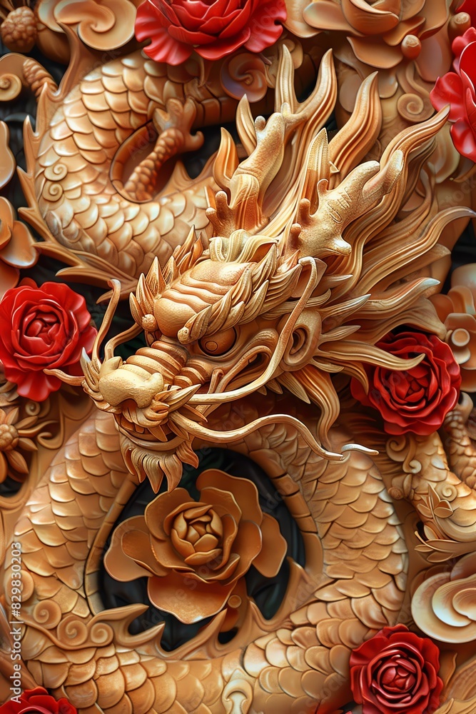 A wooden carving of a dragon with red flowers.