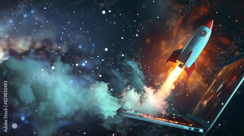 A rocket ship is launching from a laptop. The rocket is surrounded by stars and clouds. The image is meant to be inspiring and evoke a sense of wonder.